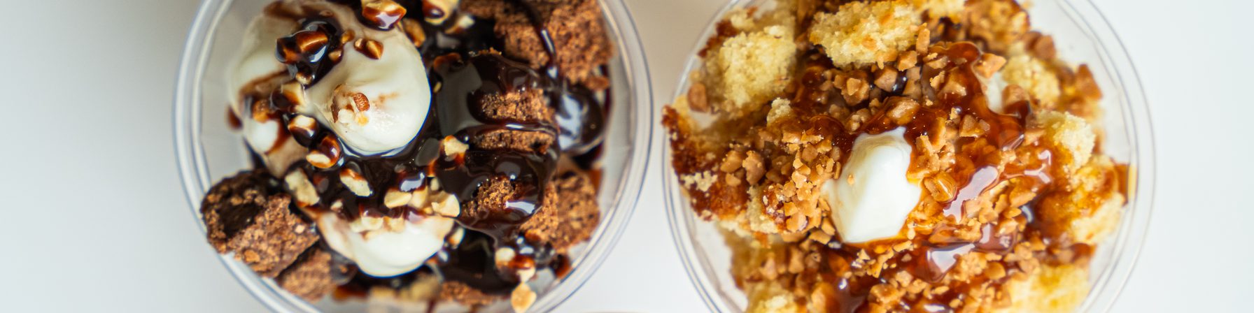 Goldies sundae cups topped with brownie, caramel sauce and toffee crumble